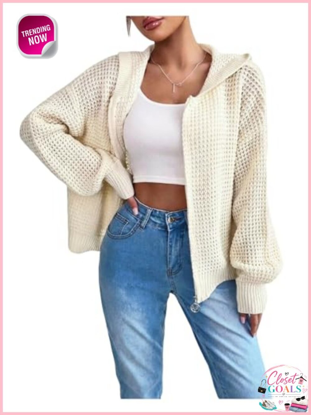 Crochet Zip Up Hooded Cardigan Long Sleeve Knit Sweater